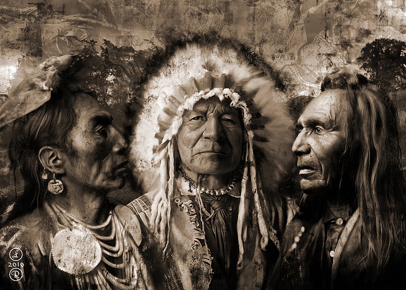 Three Chiefs, culture, art, indian, native american, early america, warriors, heritage, headdress, history, feathers, HD wallpaper