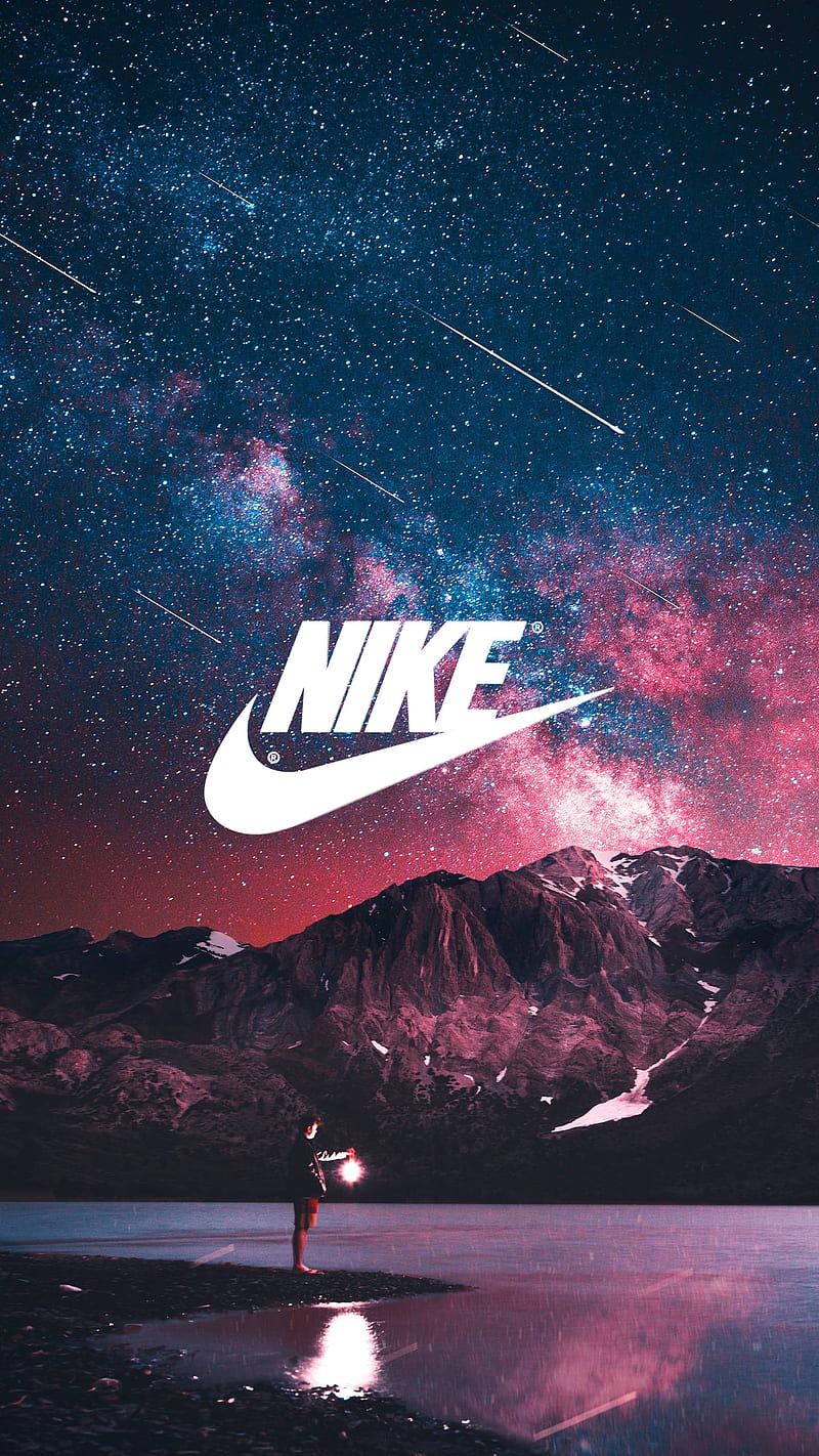 Nike stary mountains, brands, galaxy logo, nature, sky, stars, HD phone wallpaper