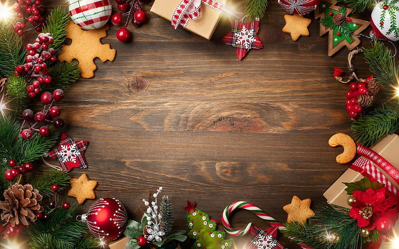 Christmas frame, brown wooden background, Happy New Year, Christmas, candy, cookies, Merry Christmas, HD wallpaper