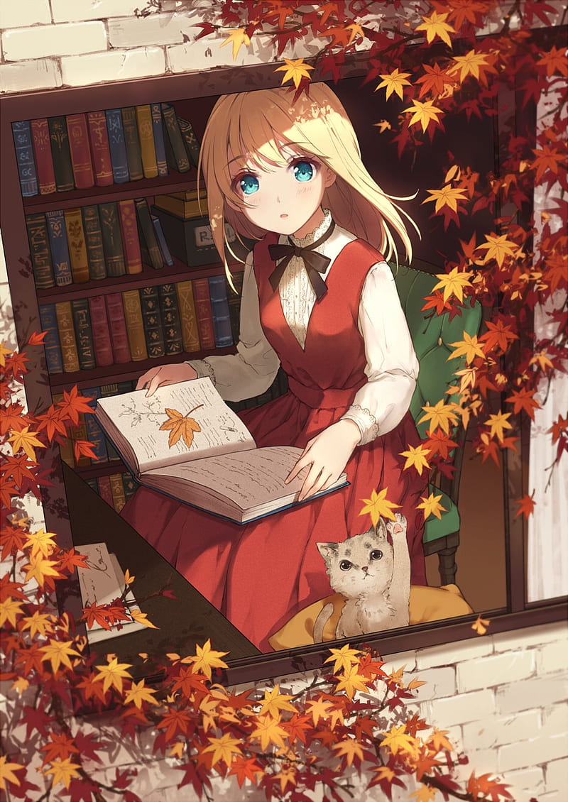 Anime, anime girls, books, cats, window, leaves, fall, blonde, HD phone  wallpaper | Peakpx