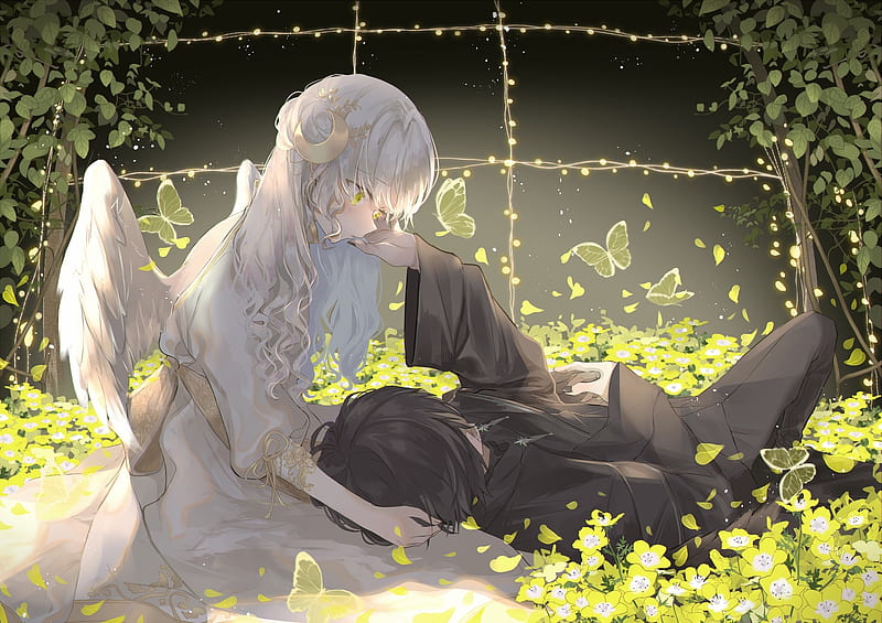 anime couple, angel, wings, lying down, romantic, yellow flowers, Anime, HD wallpaper