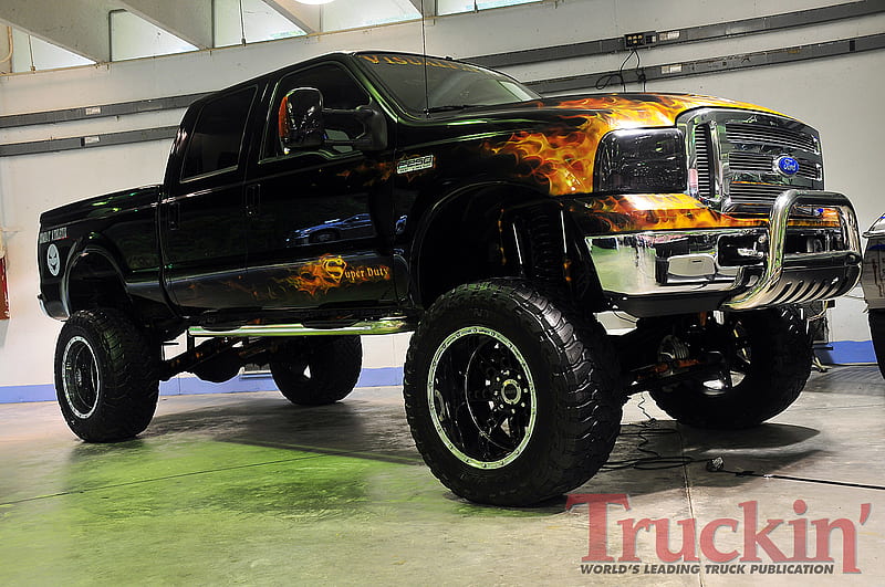 Superduty Ford, lifted, black, truck, flames, HD wallpaper