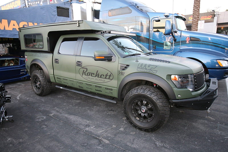 2013-Ford-Raptor-Pop-Up-Camper, Camper, 2013, Olive Green, Truck, HD wallpaper