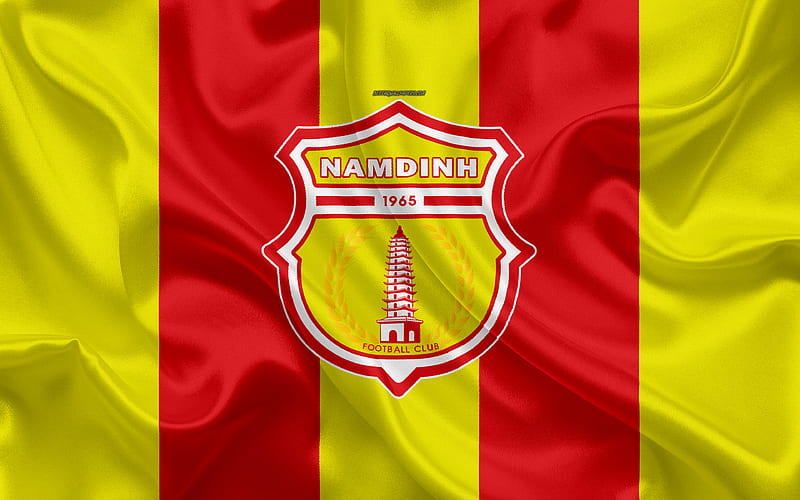 Nam Dinh FC logo, silk texture, Vietnamese football club, emblem, yellow-red silk flag, V-League 1, Namdin, Vietnam, football, HD wallpaper