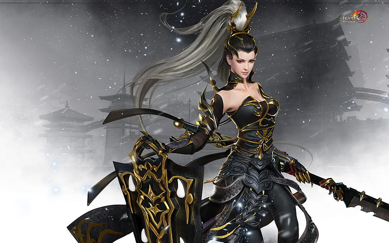 Warrior girl, fantasy, warrior, luminos, girl, game, black, asian, gian vang, HD wallpaper