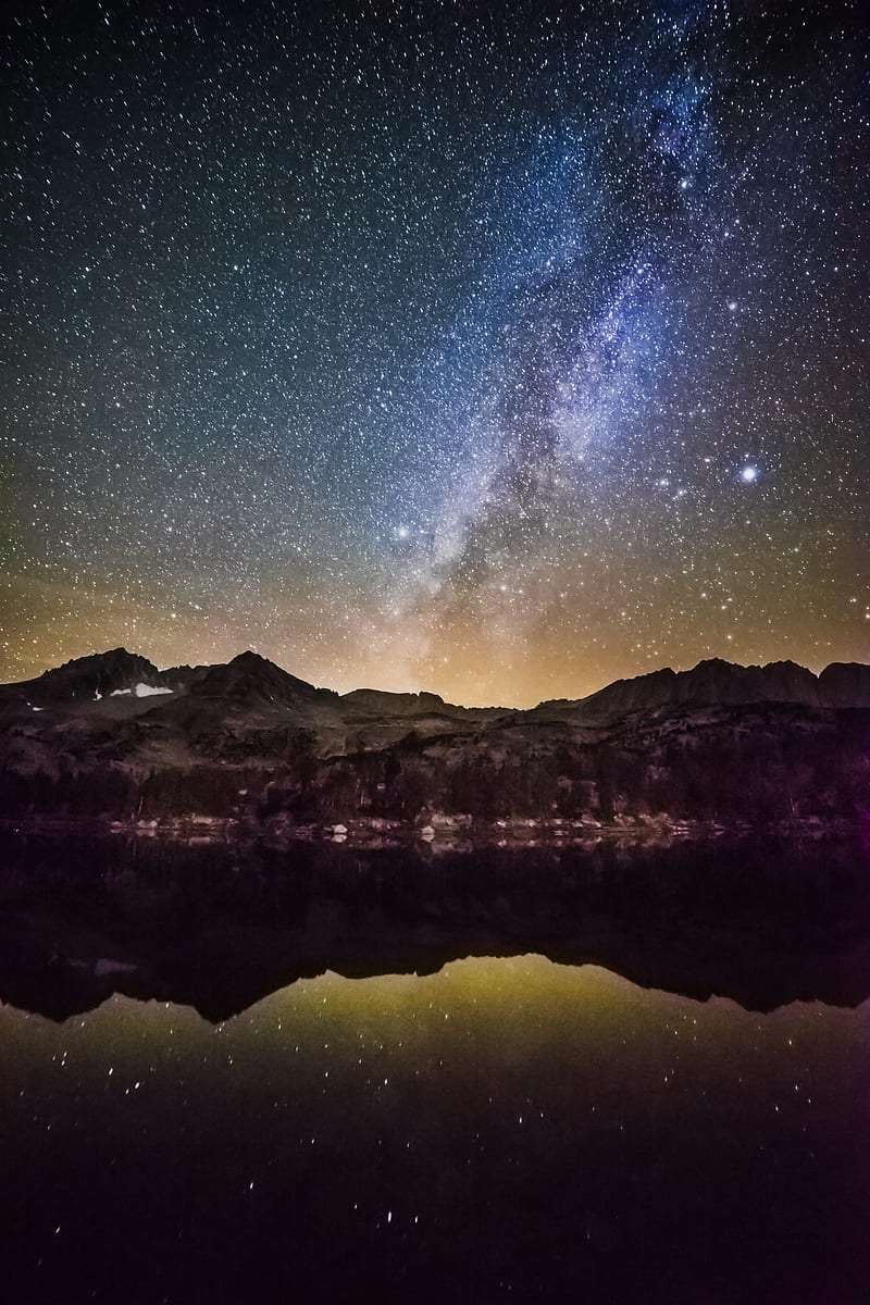 starry night sky over the mountain by the glassy lake, HD phone wallpaper