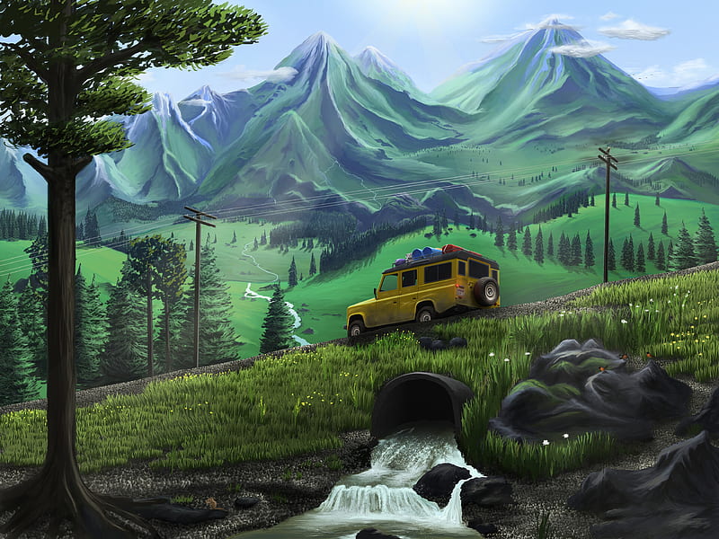 jeep, travel, slope, mountains, art, HD wallpaper