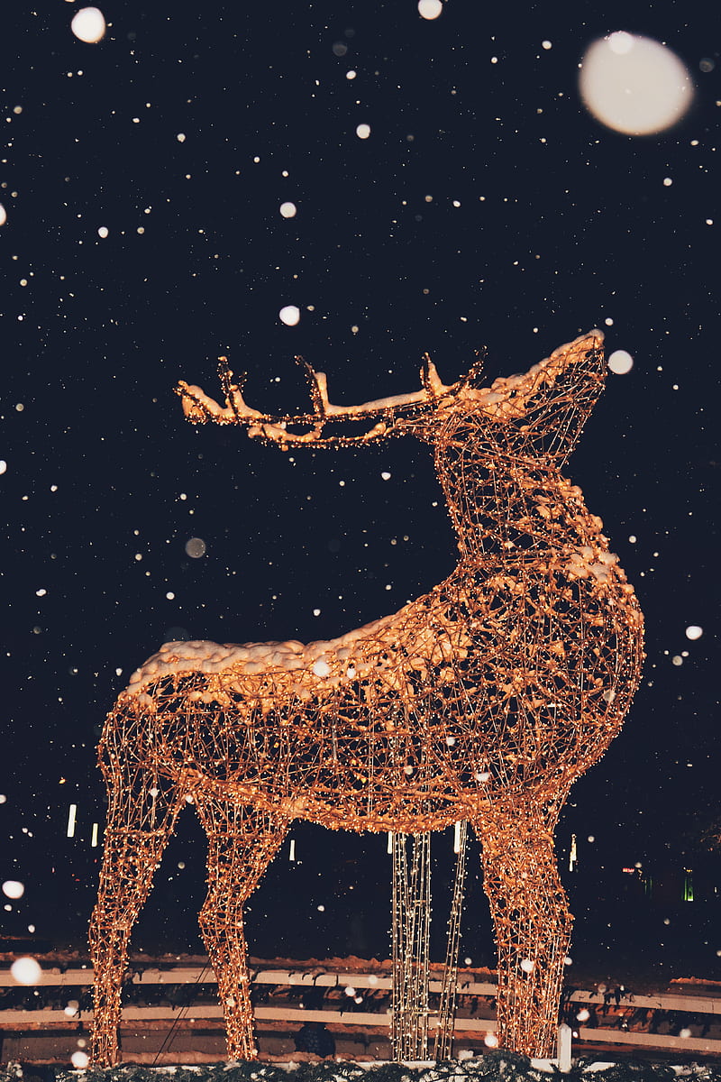 deer, sculpture, snow, garland, illumination, festive, HD phone wallpaper