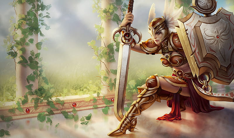 Leona Valkyrie, shield, power, lol, woman, league of legends, tank, legends, blade, strength, hot, sword, league, dawn, radiant, valkyrie, sexy, armor, leona, girl, strong, plants, armour, HD wallpaper