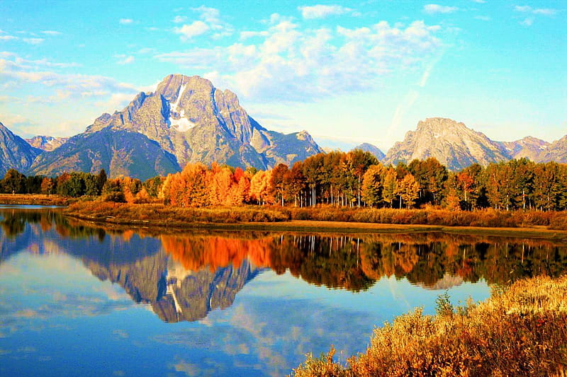 Ox Bow Bend, Snake River, Wyoming, fall, autumn, water, colors, reflection, trees, landscape, HD wallpaper