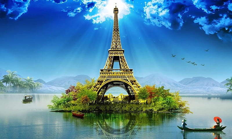 Fantasy Eiffel Tower, Digital art, Building, Eiffel tower, water, fantasy, Scenic, island, HD wallpaper