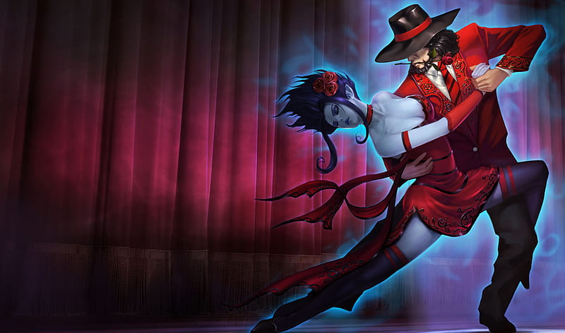 Hmmm.......Dance...!!!, red, pretty, dress, action, rose, cg, video game, twisted fate - the card master, league of legends, card, splash, lovers, fantasy, poker, the card master, love, hot, beauty, female, music, man, hat, gentleman, cool, girl, twisted fate, cardmaster, dance, lady, cardmaster splash, style, HD wallpaper