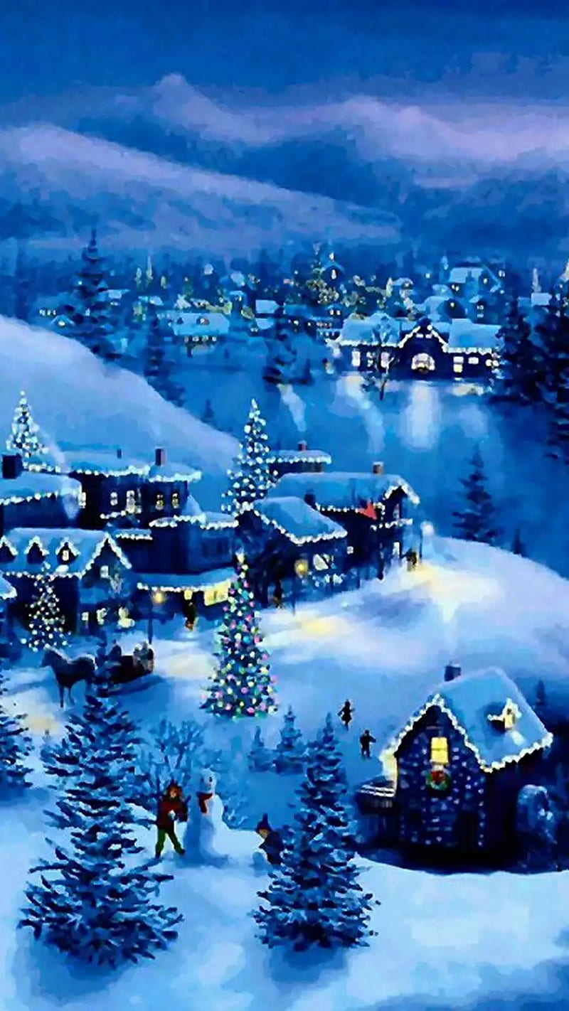 Christmas night, blue, smowman, HD phone wallpaper