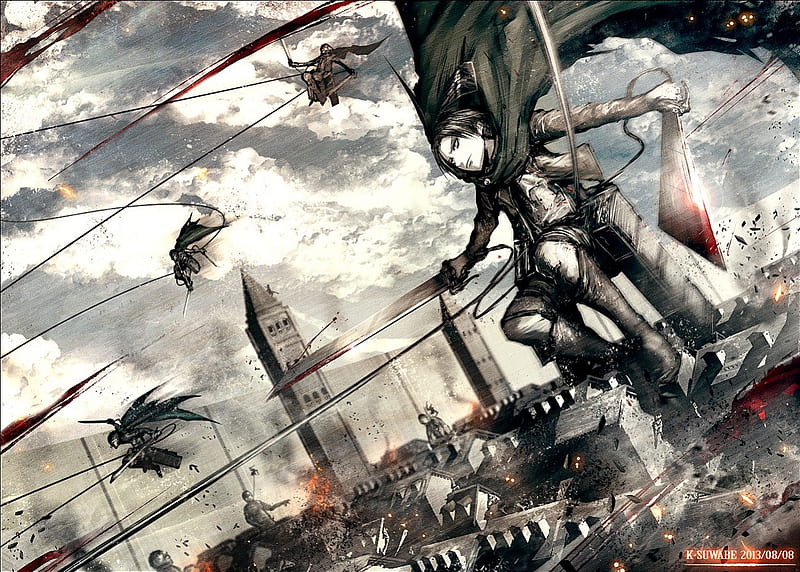 Shingeki no Kyojin, Cape, Blood, Cant think of a fourth, 3D Maneuver Gear, Shineki no kyojin, Weapon, Fire, HD wallpaper