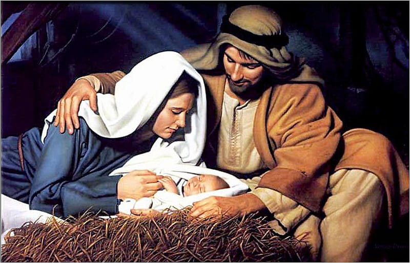 Jesus's birth, family, art, christmas, holiday, religion, christ, jesus, joseph, painting, mary, HD wallpaper