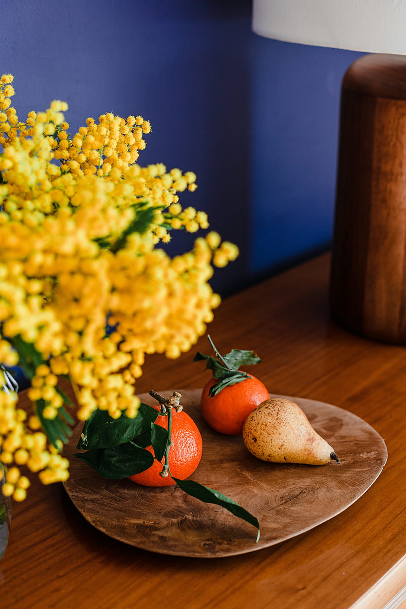 tangerines, pear, fruits, mimosa, flowers, bouquet, HD phone wallpaper
