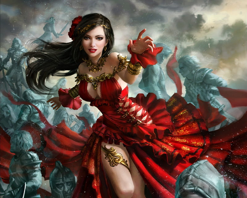 Carmen, red, frumusete, dress, luminos, legend of the cryptids, game, fantasy, girl, anotherwanderer, beauty, HD wallpaper