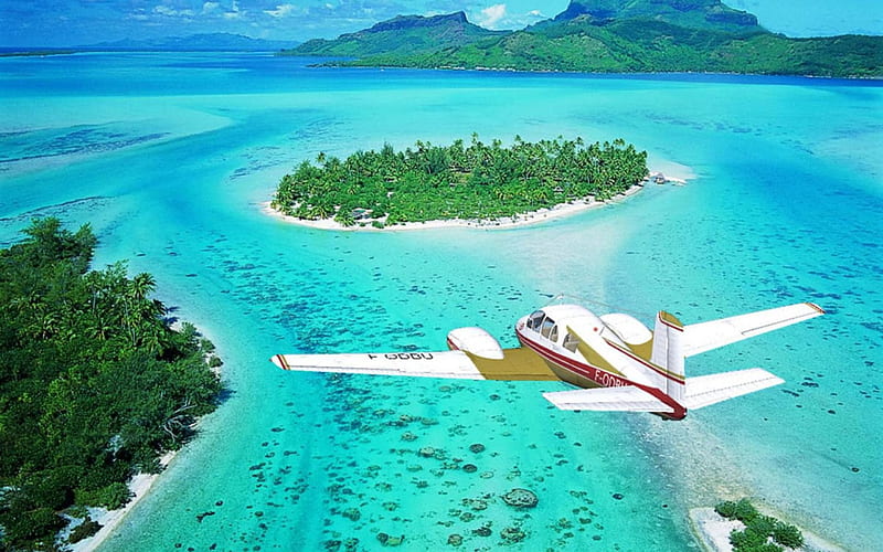 plane flying into atoll, bora bora, plane, island, tahiti, atoll, HD wallpaper