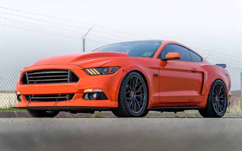 Ford Mustang, 2018, V-FF 107 Graphite, orange sports coupe, tuning, orange Mustang, black wheels, exterior, sports car, Ford, HD wallpaper