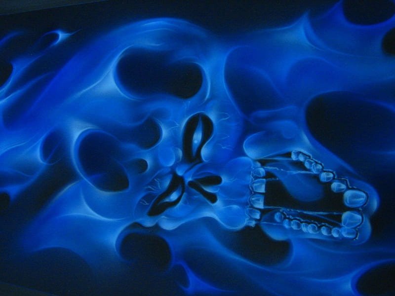 front blue, skull, flames, blue, HD wallpaper