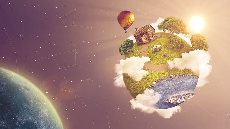 :), balloon, planet, sheep, hot air, fantasy, space, HD wallpaper