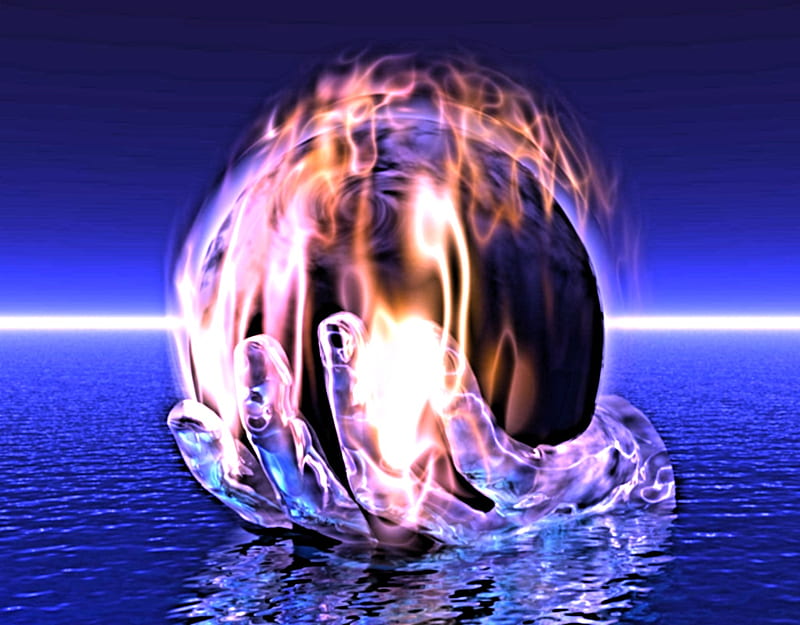 Hand on Fire Sphere, fire, nice, glassy, sphere, blue, HD wallpaper