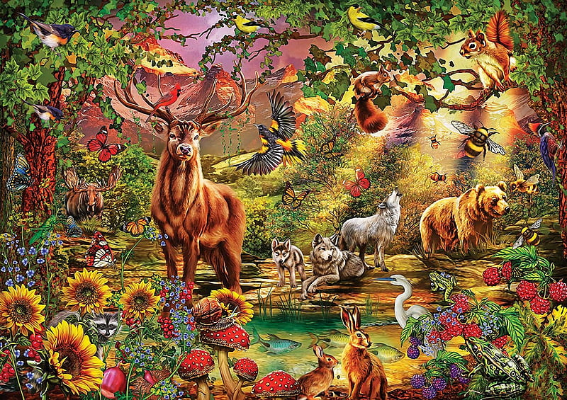 Enchanted Forest, animals, deer, squirrel, rabbit, birds, bear, butterflies, digital, blossoms, flowers, mushrooms, wolves, HD wallpaper