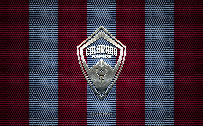 Colorado Rapids logo, American soccer club, metal emblem, purple blue metal mesh background, Colorado Rapids, NHL, Denver, Colorado, USA, soccer, HD wallpaper