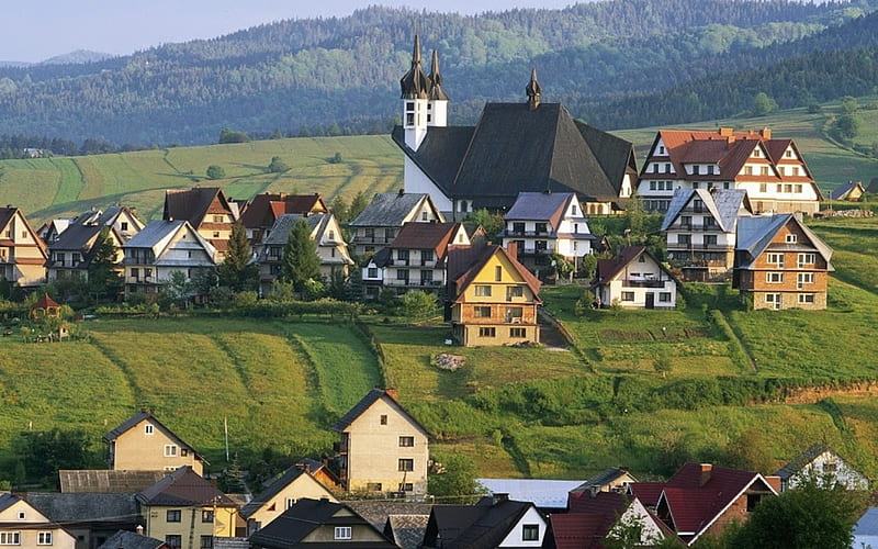 Village in Tatra, Poland, houses, Poland, Tatra, village, church, HD wallpaper