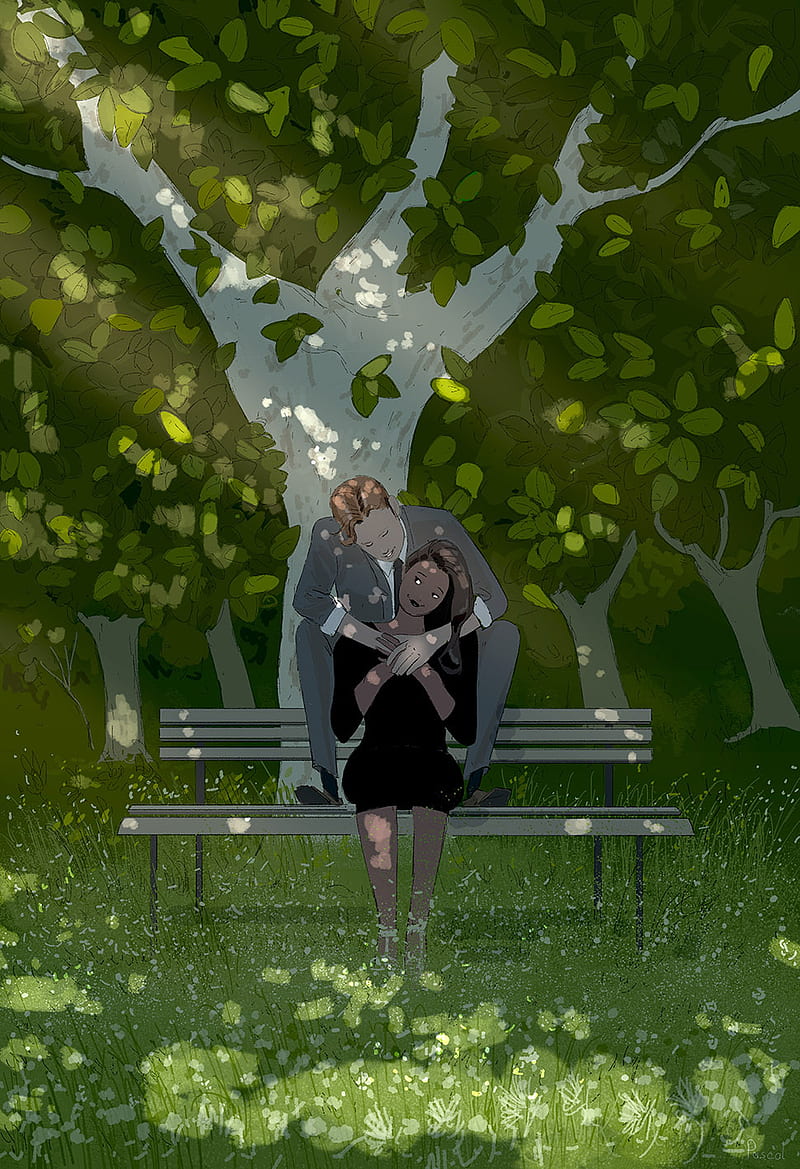 Couple in Garden, bench, dress, man, spring, tree, woman, HD phone wallpaper
