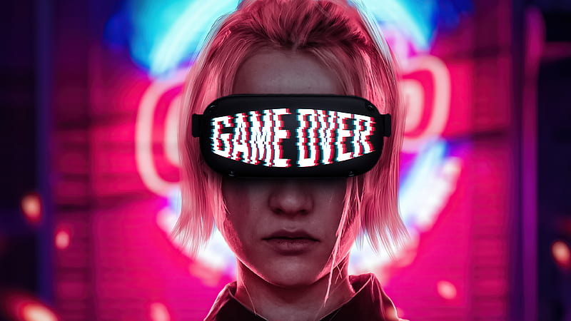 Girl Game Over Glasses, artist, artwork, digital-art, neon, HD wallpaper
