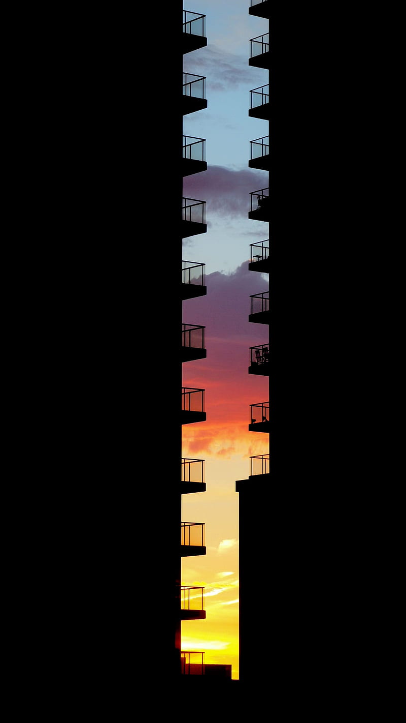 Balconies, amoled, balcony, black, building, sky, sunset, HD phone wallpaper