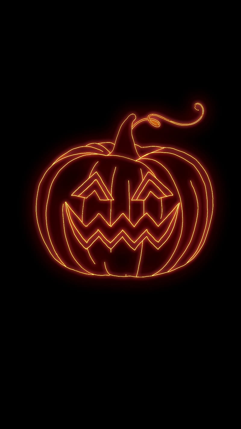 scary neon pumpkin, 31 October, amoled, autumn, black, dark, halloween, HD phone wallpaper