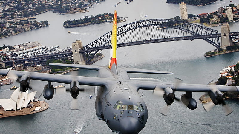 Hercules Over Sydney Harbour, plane, harbour, bridge, hercules, military, sydney, aviation, HD wallpaper