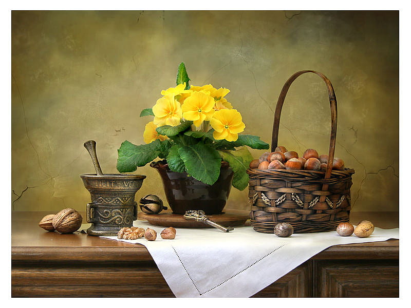 still life, walnuts, hazelnuts, yellow, pot, key, nuts, basket, flowers, nature, HD wallpaper