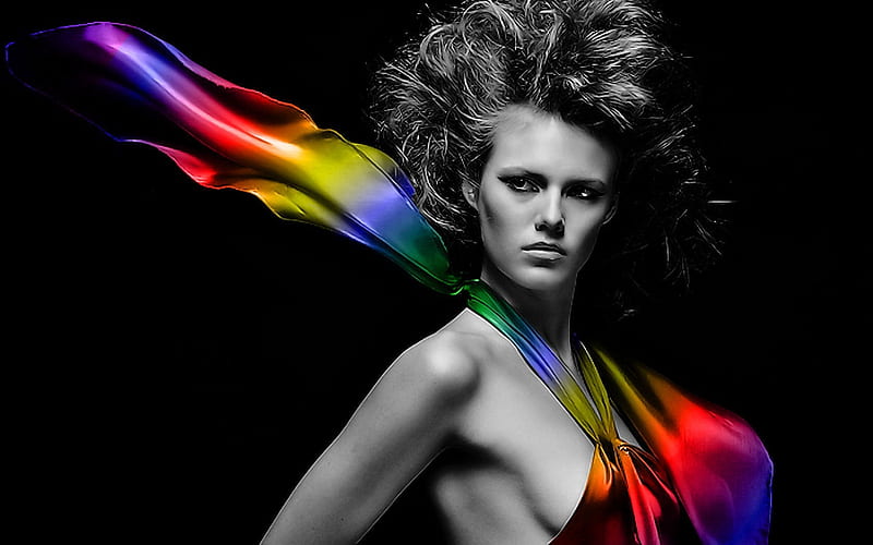 Rainbow Colors, sensual, red, pretty, color splash, black and white, yellow, bonito, woman, graphy, nice, fantasy, people, figure, skin, blue, models female, female, colors, sexy, abstract, girl, colours, fashion, HD wallpaper