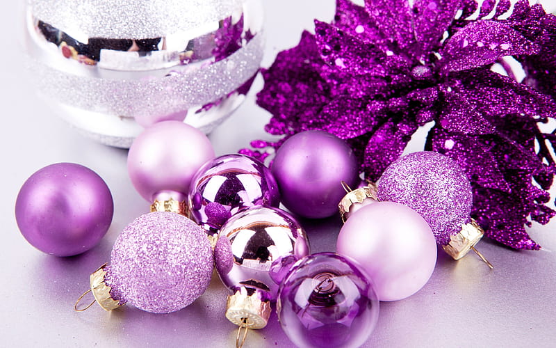 violet tinsel, violet christmas balls, Happy New Year, christmas decorations, xmas balls, violet christmas backgrounds, new year concepts, Merry Christmas, HD wallpaper