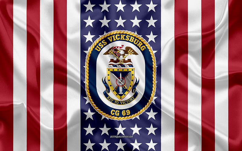 USS Vicksburg Emblem CG-69, American Flag, US Navy, USA, USS Vicksburg Badge, US warship, Emblem of the USS Vicksburg, HD wallpaper