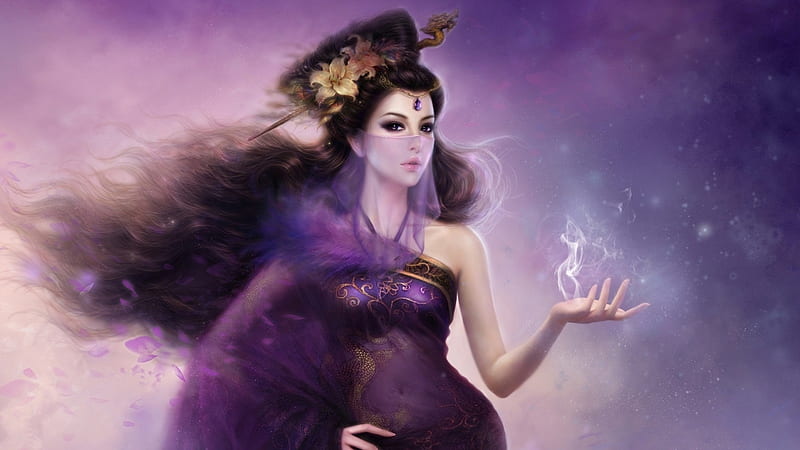Beauty in Purple, veil, bonito, hair, fantasy, girl, purple, flowers, beauty, saree, smoke, eyes, HD wallpaper