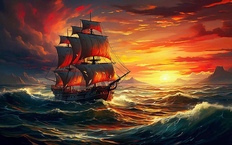 Pirate Ship Sailing Towards Sunset, stormy, sea, waves, painting, colors, sails, sky, HD wallpaper