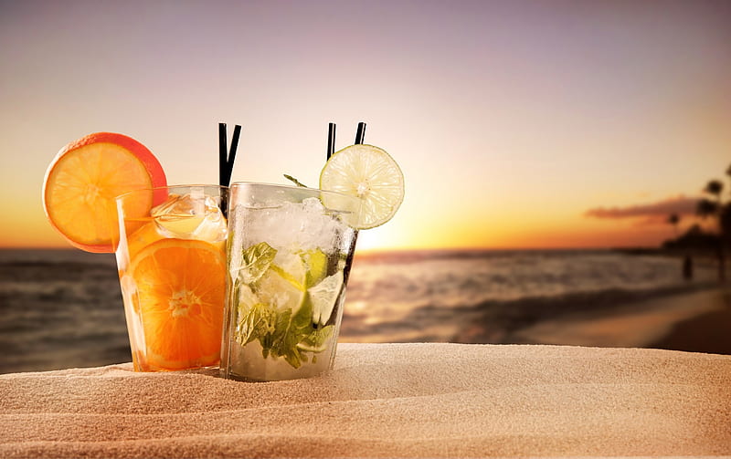 Cocktail at Sunset, Sea, Glasses, Sand, beach, Cocktail, HD wallpaper
