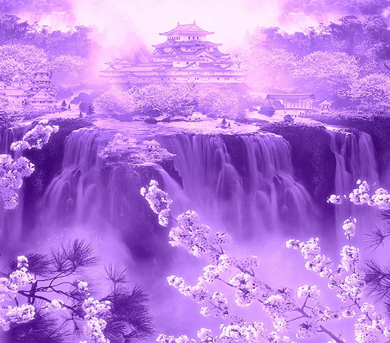 -Cherry Blossom in Heaven-, attractions in dreams, digital art, seasons, cherry blossoms, manipulation, landscapes, heaven, flowers, scenery, bridges, colors, love four seasons, creative pre-made, spring, trees, pines, waterfalls, castles, cool, purple, plants, nature, HD wallpaper