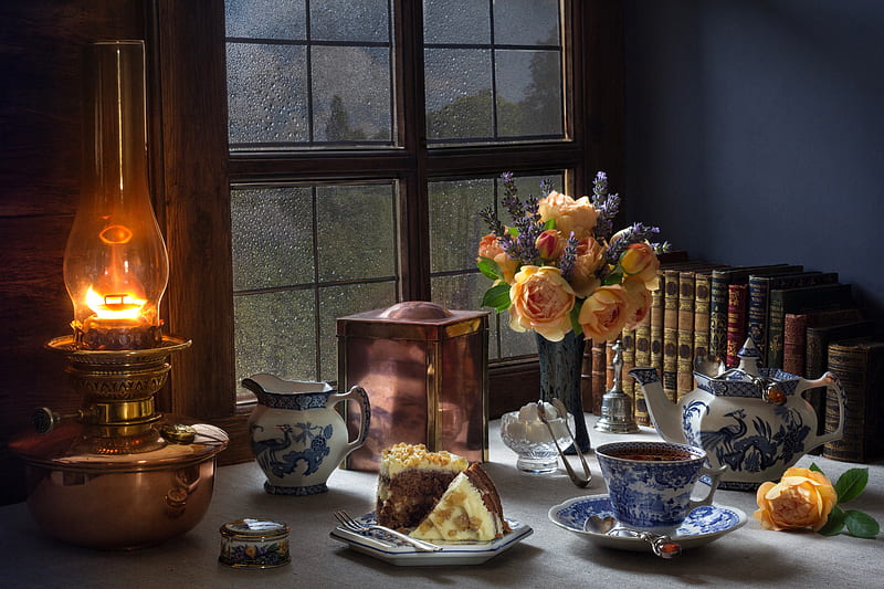 Still life with food, Books, Tea, Style, Cake, Window, Flowers, Lamp, HD wallpaper