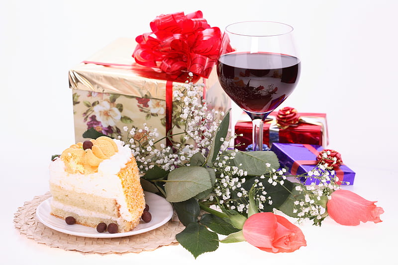 Gifts, cake, rose, box, bonito, graphy, nice, flowers, drink, holiday, wine, roses, cool, bouquet, cup, flower, HD wallpaper