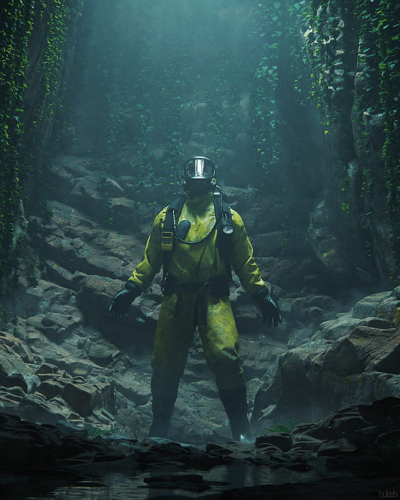 protective suit, gas mask, cave, rocks, HD phone wallpaper