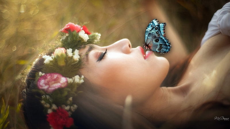 Butterfly Kisses, rest, blonde, bonito, woman, kiss, floral, sweet, butterfly, flowers, HD wallpaper