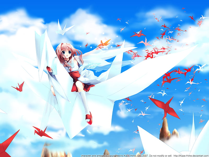 Paper Cranes, red, fly, girl, white, clouds, sky, blue, HD wallpaper