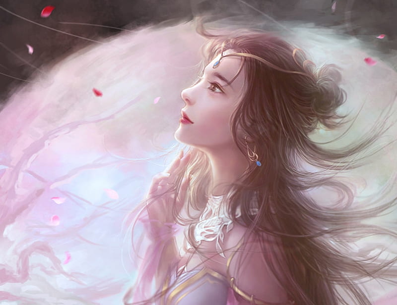 Princess, yankong bu, frumusete, luminos, moon, wind, pink and white, fantasy, moon, asian, pink, HD wallpaper
