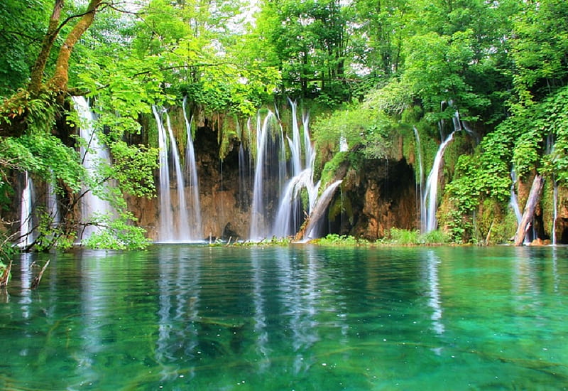 Nature's Overflow, green, nature, trees, lake, waterfalls, HD wallpaper