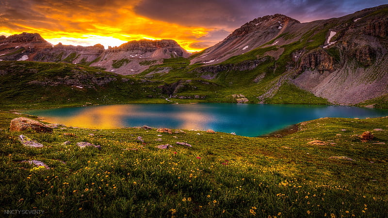 Colorado Ice Lake, San Juan National Forest, Rocky Mountains, clouds, sky, usa, colors, sunset, meadow, HD wallpaper